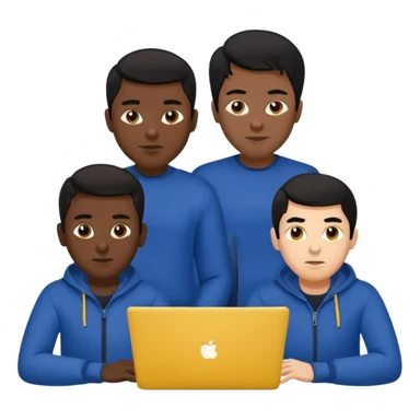 technologist using laptop coding with 2 other technologist color yellow three of it is man  that using 3 laptop the hair is black and the cloth is dark blue sticker