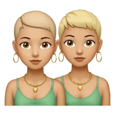 Twin sisters olive skin tone one with bald hair and one with pixie cut wearing gold hoop earrings and gold necklace sticker
