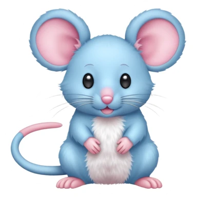 A small, light blue, fuzzy toy mouse with pink ears and a pink nose sticker