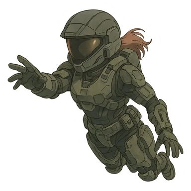 1 female, strengthened sIII spartan-3 helmet with a black visor, a tactical female space warrior floating in zero-g EVA operations, reaching in front of her sticker