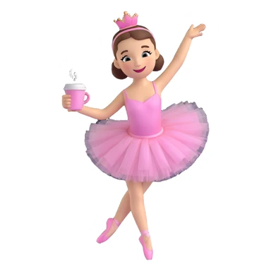 A ballerina with a coffee cup for a head, smiling face, wearing a pink tutu, shiny and glossy, on a white background in 3D iOS emoji style. sticker