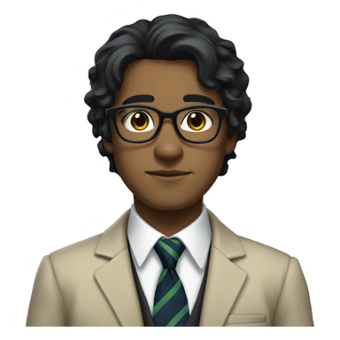 Hair: Messy, medium-length black hair slightly covering the ears and forehead.  Outfit: A formal school uniform featuring a white shirt with an open collar, a green striped tie, a navy sweater underneath, and a beige blazer on top. Black glasses sticker