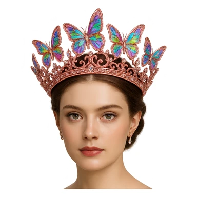 Change the butterfly crown to shimmering pink metal with rainbow butterflies and crystal accents, radiant and regal. Keep the background transparent. sticker