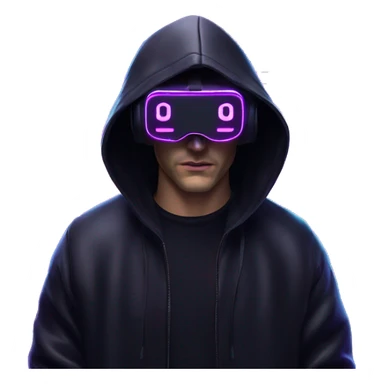 Russian man wearing a black hoodie with "OMG" letters on it and VR headset in a cyberpunk VR environment with violet neon lighting. sticker