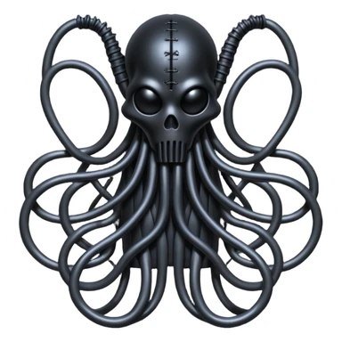 network of dark black wires and tubes forming a surreal occult creature, wrapped in black rags and bondage, Giger-inspired sticker