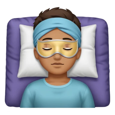 boy with a sleeping mask above head like a band 
 sticker