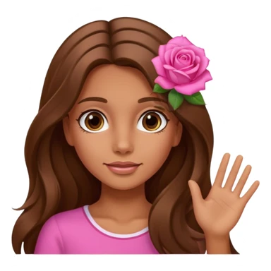 A tanned girl's face waved long brown hair with pink rose sticker