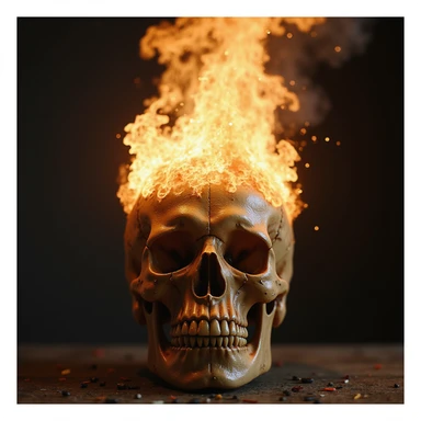 realistic human skull with a fiery explosion bursting from the top, photorealistic style sticker