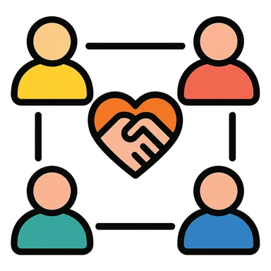 multiple candidate avatars connected by lines, with a heart or handshake symbol to show relationship sticker