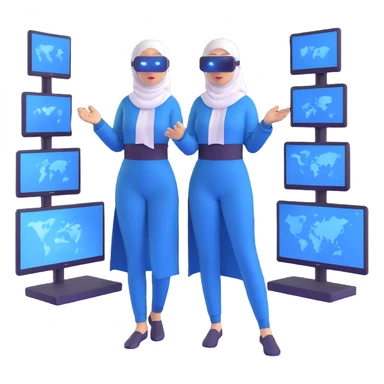 woman with white hijab in blue outfit working with multiple screens displaying digital world, virtual reality interfaces, metaverse elements, code visualization sticker