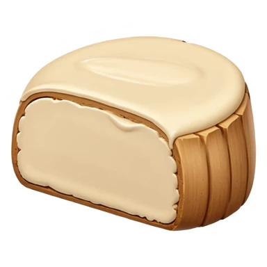 small mound or log of smooth pale beige almond paste with dense slightly matte surface and soft malleable texture, rounded clean edges, one or two slices beside it revealing uniform interior, no packaging or decoration, just the pâte d’amande, soft lighting, subtle shadows, emoji scale sticker