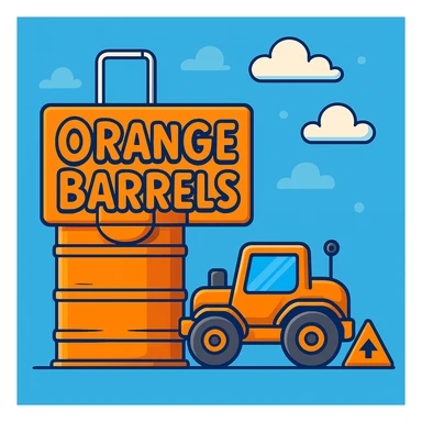 Add a sign next to the orange road construction barrel that says 'Orange Barrels' in a playful cartoon font. Keep the bright, fun background. sticker
