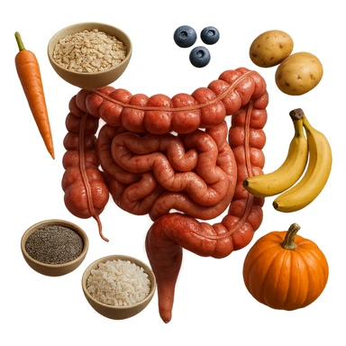 intestino umano anatomico infiammato con carota, bowl di avena, mirtilli, bowl di semi di chia, patate, banane, zucca, bowl di riso che gli fluttuano intorno , iperrealistico 4k sticker