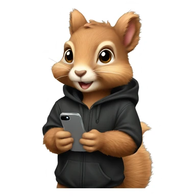 Cute realistic fluffy Squirrel with fluffy ears in black hoodie holding an iPhone  sticker