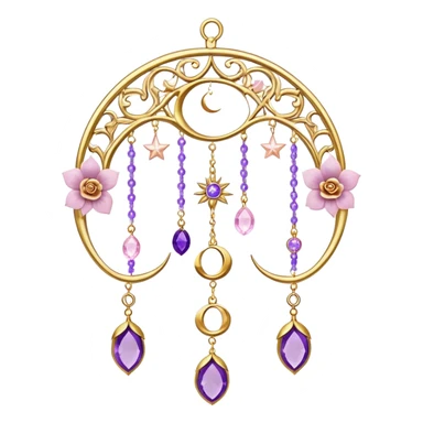Epic Hanging gold suncatcher, threads with shiny sparkly amethyst and rose-quartz gemstones, flowers, crescents-moons sticker