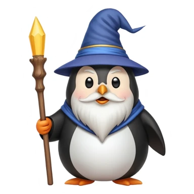 chubby penguin wizard with a long beard holding a wand, emoji style sticker