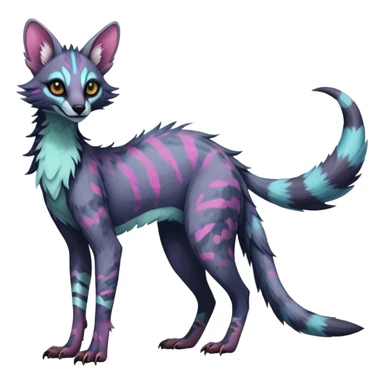 Feral Rare Fantasy dark colorful pastel vibrant tropical Vernid-Sergal-Genet-Trico-species by LiLaiRa, random markings, tufted tail, tufted ears, full body sticker