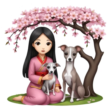 A young Chinese girl with long black hair and a dark grey Italian Greyhound with absolutely no white marks on its body or nose sitting under a cherry blossom tree sticker