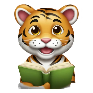 a cute tiger holding a book smiling and looking ready to study. Make the image high quality and clean sticker