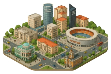 Изометричная миниатюрная фотореалистичная 3D модель Екатеринбурга - Дом Севастьянова, Ельцин-центр, Уральский федеральный университет, дома, Екатеринбург Арена, Штаб-квартира Русской медной компании, Здание Свердловского городского совета народных депутатов, четкие линии, яркие цвета, мультяшный реализм, люди, автотранспорт, компактная композиция, вид сверху в изометрии, прозрачный фон sticker