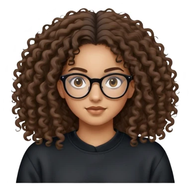 Mixed girl /curly long hair brown / with black eyes glasses black sweat shirt middle part attached hair sticker