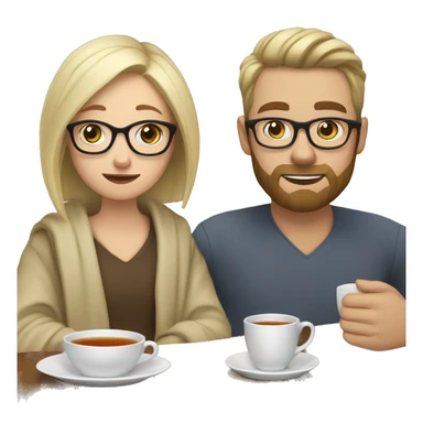 Pale blonde girl wearing glasses and short brown haired bearded man drinking tea under blanket sticker