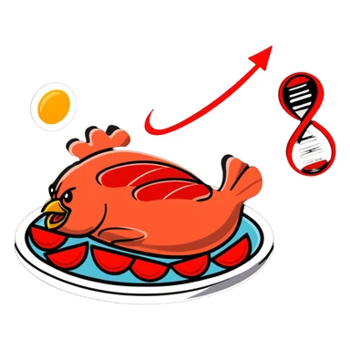Cute sticker of a floating plate with a large chicken breast as the main focus, a red meat steak, smaller salmon fillet, and tiny egg, orbiting a DNA symbol, with energy flowing to a strong muscular cartoon figure sticker