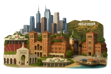 Regenerate the Los Angeles emoji with highly realistic, lifelike architectural detail and accurate proportions for all buildings, keeping the current layout: a prominent and complete Los Angeles Memorial Coliseum, Royce Hall at UCLA, Bovard Administration Building at USC, Rose Bowl Stadium with its neon sign positioned more inland, Santa Monica Pier and beach at the coast, downtown LA skyline, Chinese Theater, and Hollywood Sign. Maintain accurate colors, bright daytime lighting, a fully transparent background, no sky, no clouds, and no city name label. Do not change the layout or composition. The style should be highly realistic and photorealistic architectural detail. sticker