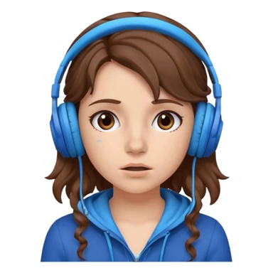 An upset girl with wavy hair listening to music with blue headphones sticker