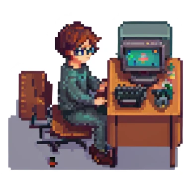 young programmer sitting at a computer, pixel art style sticker