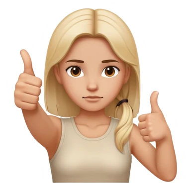 Girl with one hand clearly showing thumbs up gesture and other hand clearly showing thumbs down gesture, distinct opposing hand signals, mixed feelings facial expression sticker
