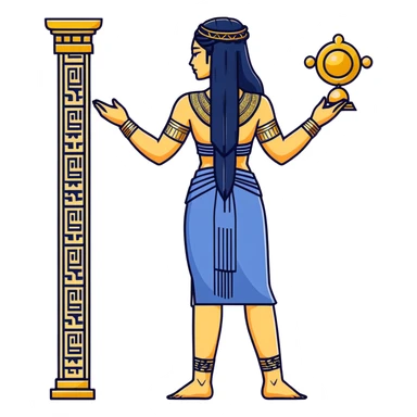 fullbody back view of Anunnaki goddess Inanna with braided long black hair, Ishtar gate symbols, completely exposed back with subtle Mesopotamian tattoos, and intricate gold jewelry on wrists and ankles sticker