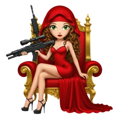 Drug dealer female green eyes symbol.  hair is brown curly long hair. sexy long with long red and black dress and mouth veil cover on that covers her mouth only. black stiletto platform high heels shoes on. Holding sniper rifle sitting on a gold throne. sticker