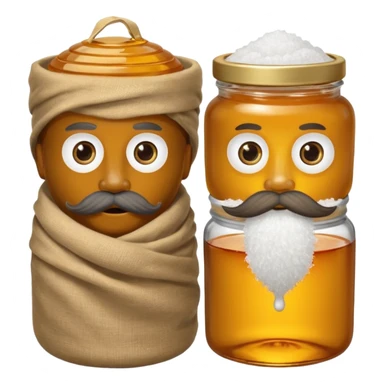 Garama and Madundung are together a gray container of salt and a honey container with a cloth on top. They each have eyes with white in the middle, a mouth, nose, and mustache both customary to their colors. They have hairy legs and emit an aura of salt (Garama), and honey (Madundung). sticker