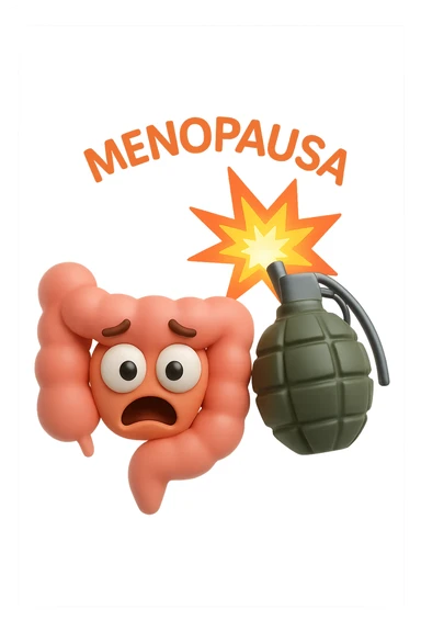 EMOJI STILE IPHONE 3D DI INTESTINO 3D CON ESPRESSIONE SPAVENTATA IN VOLTO MENTRE ACCANTO A LUI SCOPPIA UNA GRANATA 3D CON LA SCRITTA "MENOPAUSA" SOPRA, FAGLI ANCHE LA PARTE BIANCA DEGLI OCCHI, NON SOLO LA PUPILLA sticker