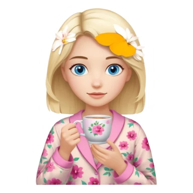 Blue eyed girl with middle length blond hair in floral beige pijamas is holding a pink cup of tea sticker