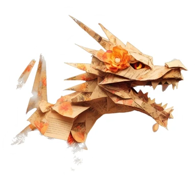 Charred flaming fiery Beige Origami dragon made of newspapers on fire letters on fire burnt paper surrounded by fairy lights swirls covered in dried flowers bokeh floral flowers fire flames sticker