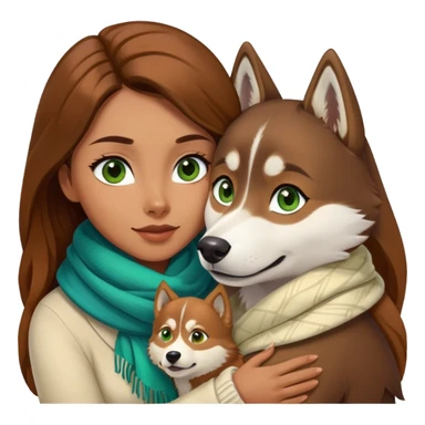 Woman color caramel with brown eyes and brown long hear, hug a Brown husky with eyes green and blue and a cream scarf  sticker