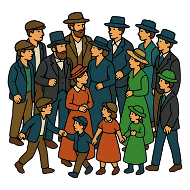 Add more people and children to the group in an isometric full body view, wearing period-appropriate 19th century clothing and hats, with dynamic poses. Keep the style consistent with lineal color icon with black outlines. Transparent background, no text. sticker