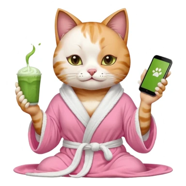 I want a CAT whit a iced macha on her paw and i want her to ne wearing a pink bath rope And she will have a  white face mask on her face and phone on the opisite paw whit the macha sticker