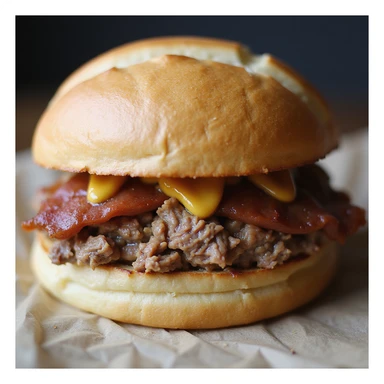 Bavarian Leberkäse sandwich: thick, juicy slice of meatloaf in a round, crusty white bread roll (Kaisersemmel), bun is crisp outside, soft inside, with a hint of flour dusting. Mustard visible on the meat. Photorealistic style. sticker