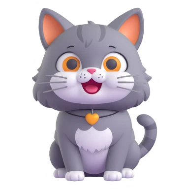 3D cartoon style cat character, grey pepper color, playful expression sticker