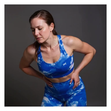 Realistic style image of a woman in sportswear inspired by the reference photo, slightly bent backward holding the back due to pain, neutral background. sticker