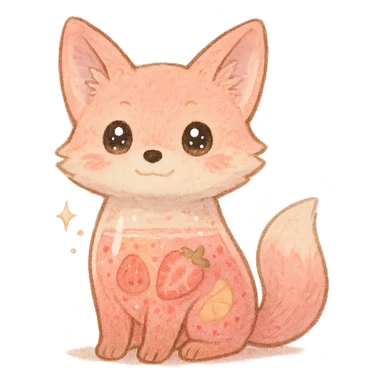 soft fox, pastel pink, transparent body showing fruity smoothie inside, sparkling eyes, full-body sticker