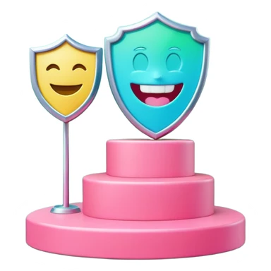 Minimalist 3D emoji-style podium with 2 steps on a green chroma key background. Step 1 (higher) features a handshake icon with blue neon glow. Step 2 (lower) features a smiling tooth with a shield icon and pink neon glow. Clean rendering, soft colors, uniform lighting. sticker