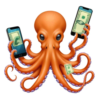 Intimidating octopus with pearl black skin, neon peach suction cups. Evil looking octopus is wearing a white face mask and thick gold necklace. 2 tentacles are holding their own cellphone, 2 more tentacles are holding stacks of money. sticker