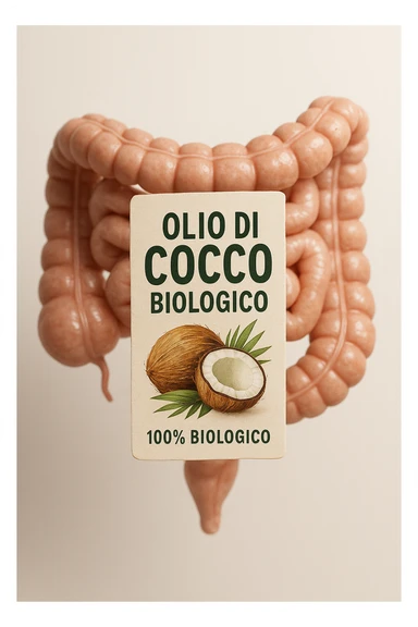 BOCCETTA DI OLIO DI COCCO BIOLOGICO (FAI UN ETICHETTA SUL PRODOTTO IN ITALIANO) CHE FLUTTUA IN ARIA DAVANTI A UN INTESTINO UMANO ANATOMICO IN PERFETTA SALUTE, SFONDO CHIARO, iperrealistico 4k sticker