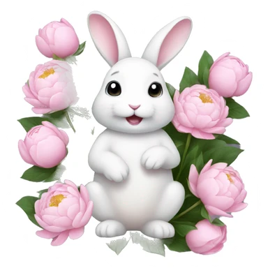 cute white bunny holding light pink peonies sticker
