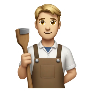 "A sturdy man with rough hands, short light brown hair, and a friendly, naive expression. He wears a work apron over simple clothes and holds a hammer or wood in a rustic workshop." sticker