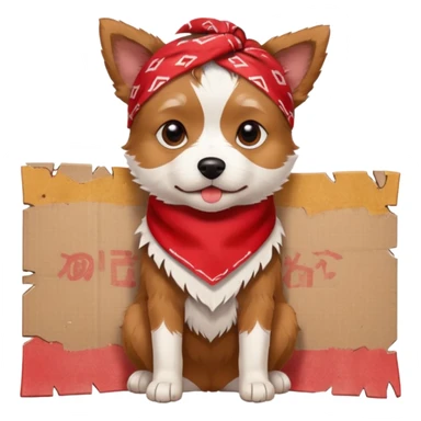 A small scruffy dog wearing a torn bandana, sitting beside a cardboard piece with hopeful gentle eyes.
e Fireplace sticker